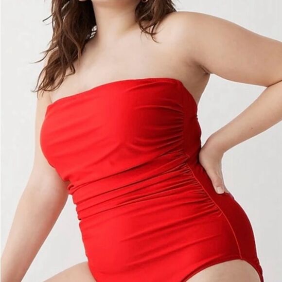 J. Crew Red Ruched Strapless One Piece Swimsuit Bathing Suit Size 24 - Picture 7 of 7